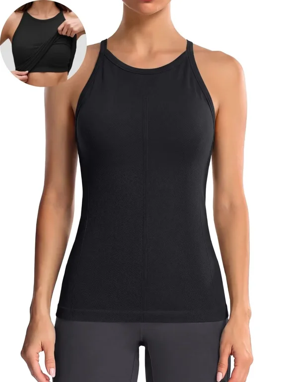 Women's Fitting Seamless Tank Tops Ribbed Crew Neck Racerback Workout Camisoles with Sewn in Bra