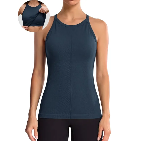 ANFERRY Women's Fitting Seamless Tank Tops Ribbed Crew Neck Racerback Workout Camisoles with Sewn in Bra