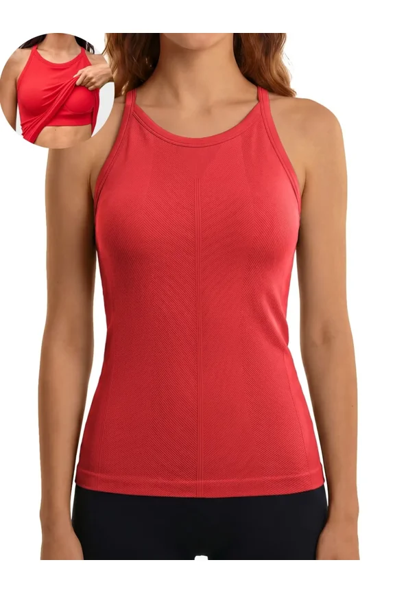 Women's Fitting Seamless Tank Tops Ribbed Crew Neck Racerback Workout Camisoles with Sewn in Bra
