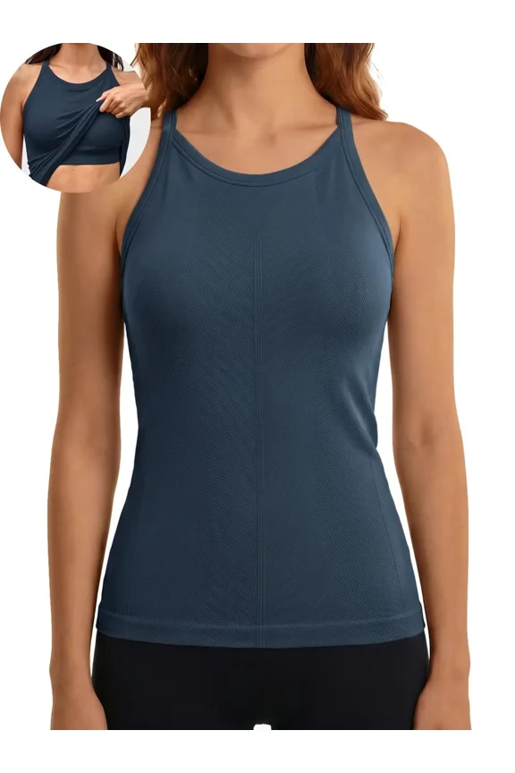Women's Fitting Seamless Tank Tops Ribbed Crew Neck Racerback Workout Camisoles with Sewn in Bra