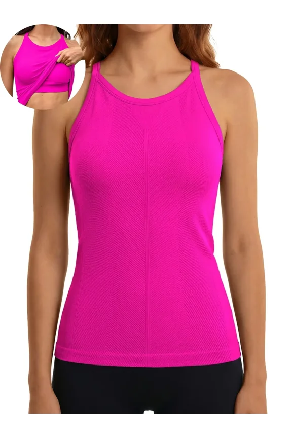 Women's Fitting Seamless Tank Tops Ribbed Crew Neck Racerback Workout Camisoles with Sewn in Bra