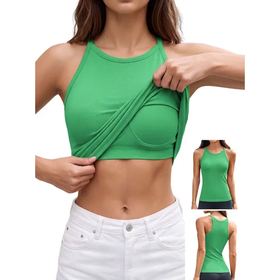 ANFERRY Women's Fitting Seamless Tank Tops Ribbed Crew Neck Racerback Workout Camisoles with Sewn in Bra