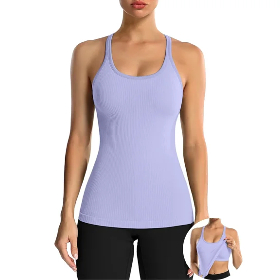ANFERRY Women's Ribbed Workout Tank Tops with Built in Bra Racerback Athletic Top