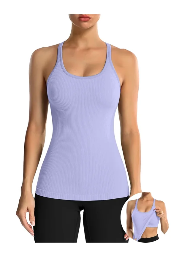 Women's Ribbed Workout Tank Tops with Built in Bra Racerback Athletic Top