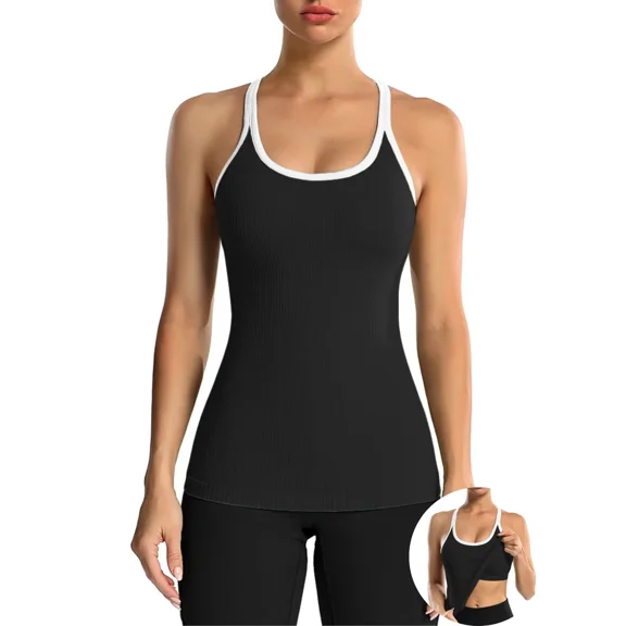 ANFERRY Women's Ribbed Workout Tank Tops with Built in Bra Racerback Athletic Top