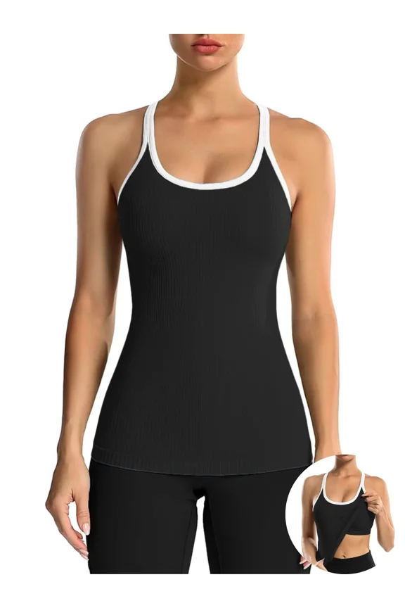 Women's Ribbed Workout Tank Tops with Built in Bra Racerback Athletic Top