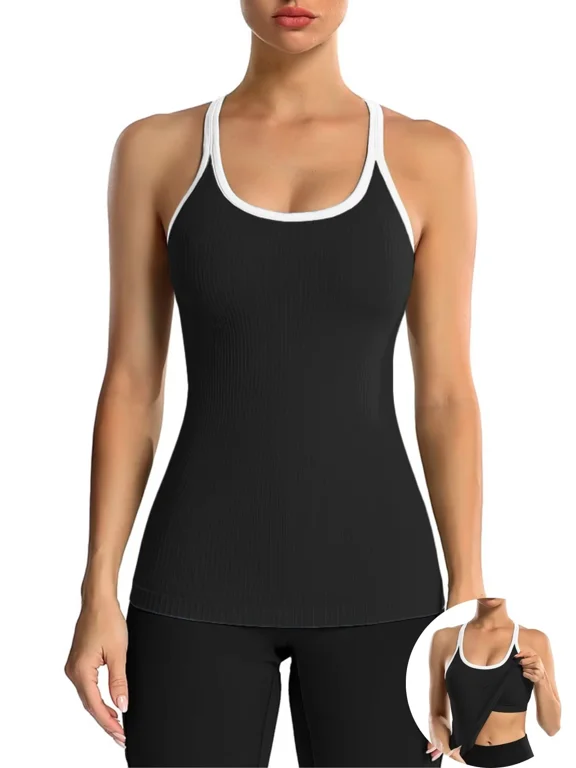 Women's Ribbed Workout Tank Tops with Built in Bra Racerback Athletic Top