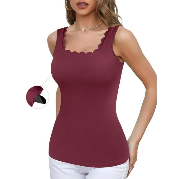 ANFERRY Women's Tank Tops Scalloped Square Neck Camisoles Sleeveless Built in Bras Athletic Casual Cami Shirts