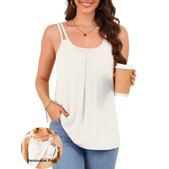 ANFERRY Womens Camisoles with Adjustable Straps Pleated Scoop Neck Tank Tops Built in Bra Loose Fit Outdoor Cami Tops