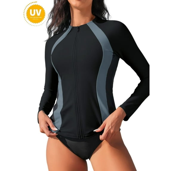 ANFERRY Womens Rash Guards Long Sleeve Full Zip Swim Top Color Block Outdoor Sun Protection Jacket