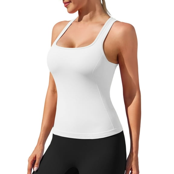 ANFERRY Womens Seamless Tank Tops with Built in Bra Square Neck I Back Workout Tops Yoga Running Sports Tops