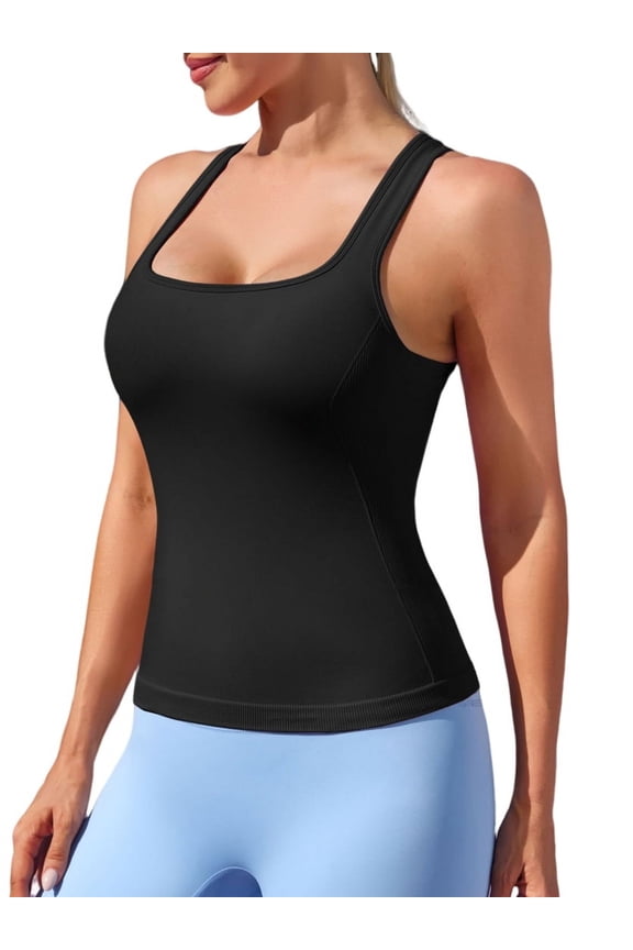 Womens Seamless Tank Tops with Built in Bra Square Neck I Back Workout Tops Yoga Running Sports Tops