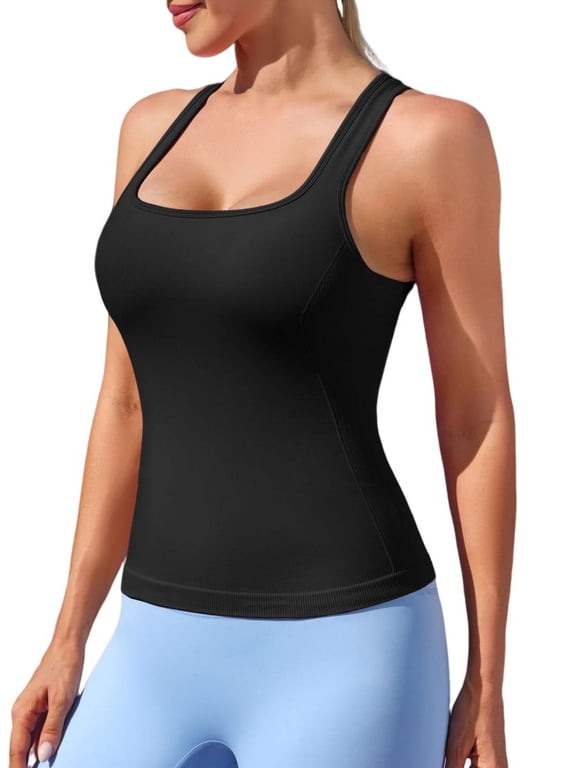 Womens Seamless Tank Tops with Built in Bra Square Neck I Back Workout Tops Yoga Running Sports Tops