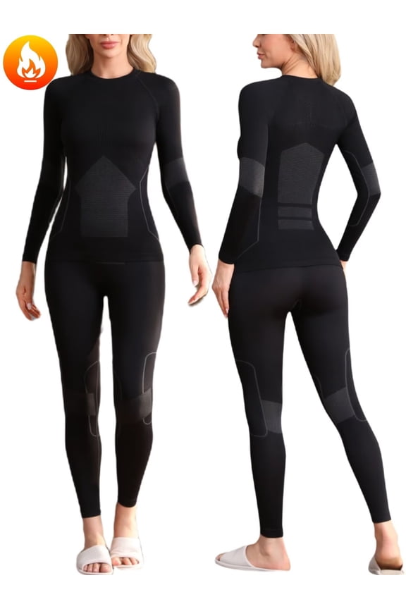 Womens Ski Thermal Set Quick Dry Breathable 2 Pieces Base Layers Seamless Crew Neck Warm Long John Underwear for Winter
