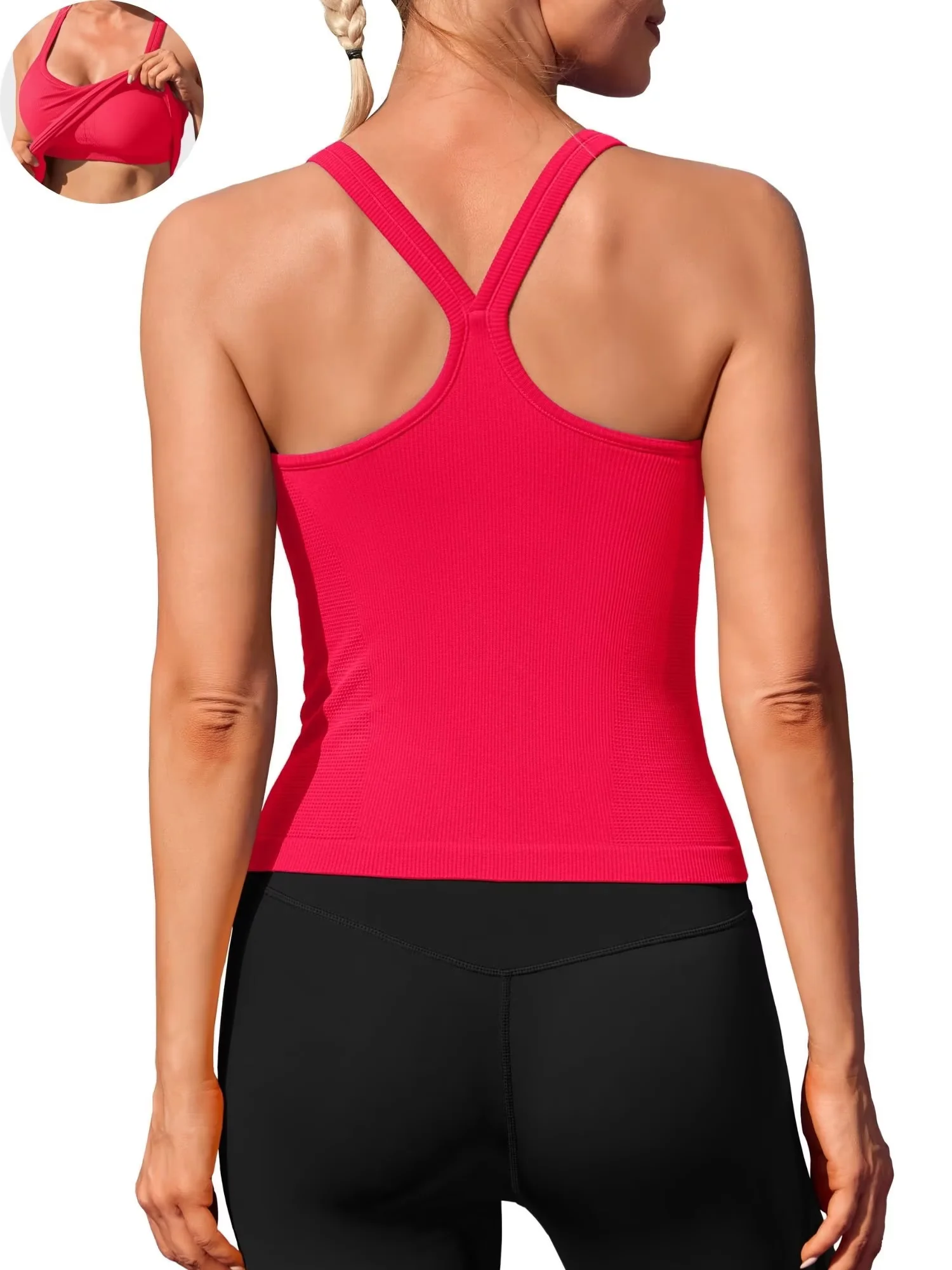 Womens Workout Tank Tops Ribbed Built in Bra Athletic Shirts Scoop Neck Racerback Yoga Camisoles