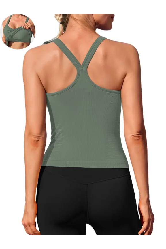 Womens Workout Tank Tops Ribbed Built in Bra Athletic Shirts Scoop Neck Racerback Yoga Camisoles