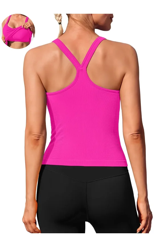 Womens Workout Tank Tops Ribbed Built in Bra Athletic Shirts Scoop Neck Racerback Yoga Camisoles