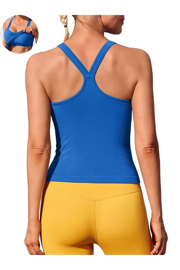 Womens Workout Tank Tops Ribbed Built in Bra Athletic Shirts Scoop Neck Racerback Yoga Camisoles