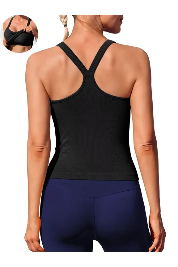 Womens Workout Tank Tops Ribbed Built in Bra Athletic Shirts Scoop Neck Racerback Yoga Camisoles