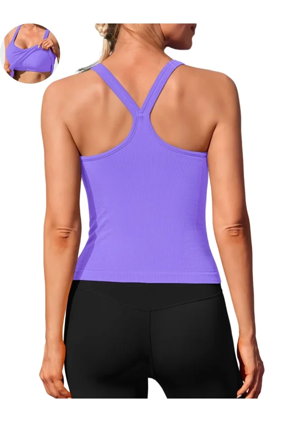 Womens Workout Tank Tops Ribbed Built in Bra Athletic Shirts Scoop Neck Racerback Yoga Camisoles