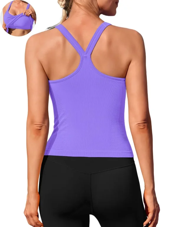 Womens Workout Tank Tops Ribbed Built in Bra Athletic Shirts Scoop Neck Racerback Yoga Camisoles