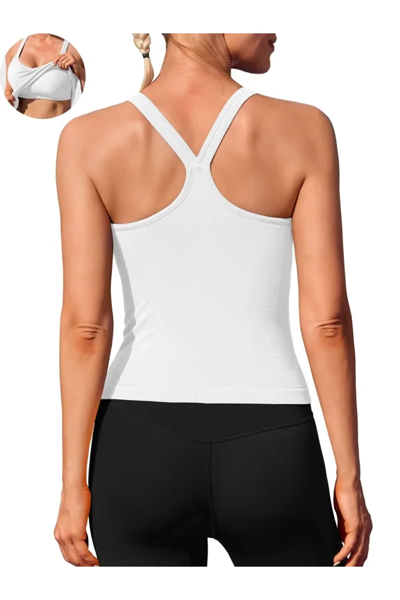 Womens Workout Tank Tops Ribbed Built in Bra Athletic Shirts Scoop Neck Racerback Yoga Camisoles