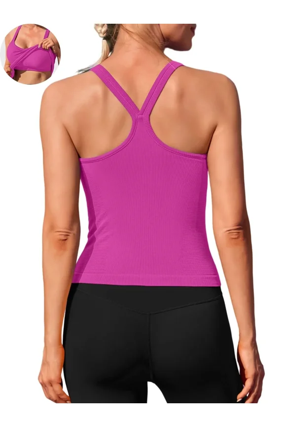 Womens Workout Tank Tops Ribbed Built in Bra Athletic Shirts Scoop Neck Racerback Yoga Camisoles