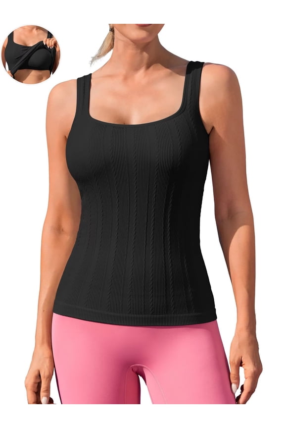 Workout Ribbed Tank Tops for Women Square Neck Seamless Camisoles with Built in Bra Athletic Yoga Top