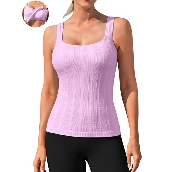 ANFERRY Workout Ribbed Tank Tops for Women Square Neck Seamless Camisoles with Built in Bra Athletic Yoga Top