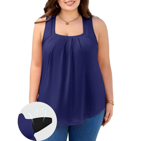 ANFERRY Plus Size Tank Tops for Women with Shelf Bras Pleated Tops Square Neck Sleeveless Split Side Camisoles