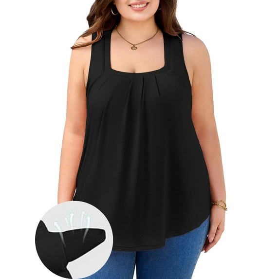 ANFERRY Plus Size Tank Tops for Women with Shelf Bras Pleated Tops Square Neck Sleeveless Split Side Camisoles
