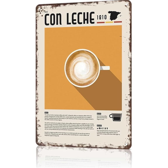 ANFUZAI Funny Signs Con Leche Spanish Coffee Poster Tin Sign Vintage Metal Signs For Restaurant Kitchen Bar Cafe Wall Decor 8x12inch