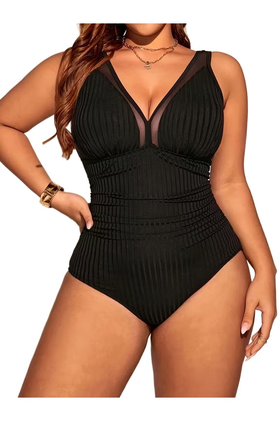 Plus Size Black Ribbed Mesh Deep V One Piece Swimsuit, Tummy Control High Cut Curvy Bathing Suit Sizes 0XL-5XL for Beach Pool Cruise Vacation