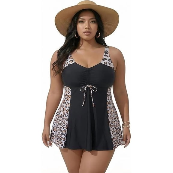ANFUZAI Plus Size Control Tankini Swimsuit Black Leopard Print Drawstring V Neck Swim Dress with Shorts Bathing Suit for Beach Adjustable Straps