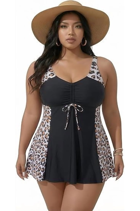 Plus Size Control Tankini Swimsuit Black Leopard Print Drawstring V Neck Swim Dress with Shorts Bathing Suit for Beach Adjustable Straps
