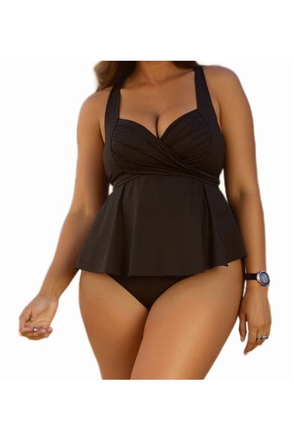 Plus Size Flowy Peplum Tankini Two Piece Swimsuit 3 Styles Floral Solid Front Tie Ruched Curvy Tummy Control Bathing Suit