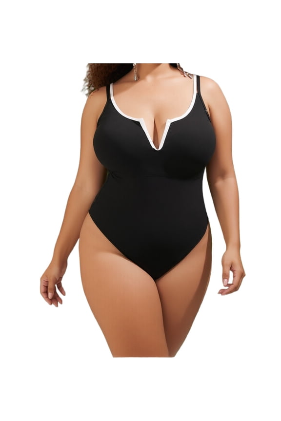 Plus Size White Contrast Trim One Piece Swimsuit Notched V Neck Thin Strap High Cut Curvy Tummy Control Bathing Suit