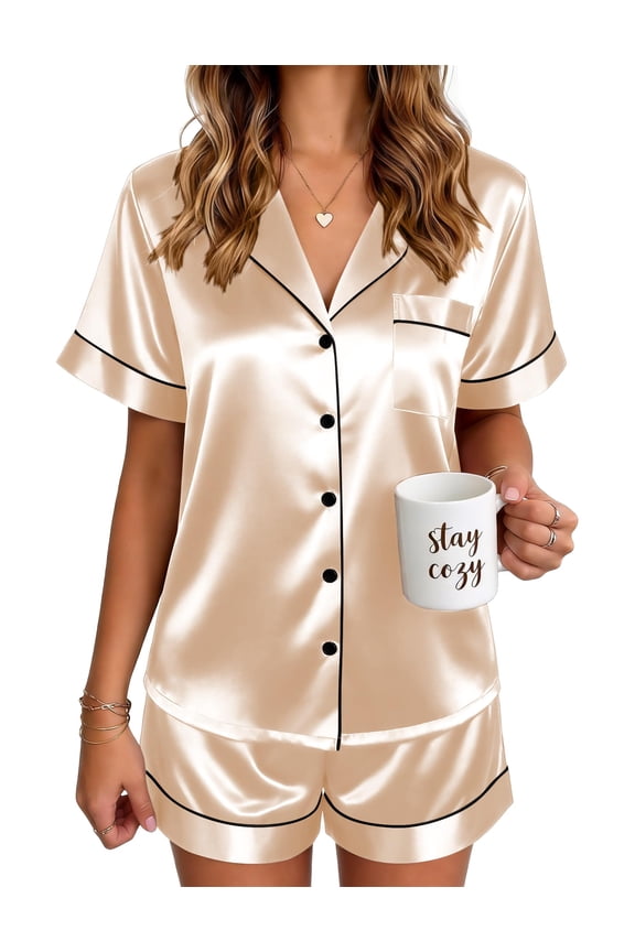 Satin Pajamas for Women Silk Pjs Short Set 2 Piece Lounge Sets | Short Sleeve Button Up Sleepwear,Notch Collar,Sleep,Bridal,Wedding Party,Daily,Working from Home,Gifts