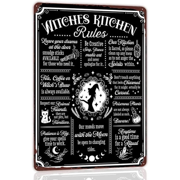 ANFUZAI Witches Kitchen Rules Retro Metal Tin Sign, Witch's Brew Is Always Available, Funny Halloween Sign Kitchen Party Decoration Wall Art Rustic Farmhouse Decor 12x8 Inches
