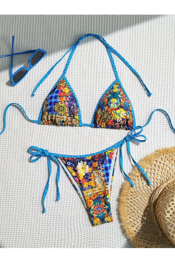 Women's Boho Floral Triangle Bikini Set Halter Tie Side Two Piece Swimsuit Adjustable String High Cut Retro Print Bathing Suit Summer Swimwear for Beach Pool Vacation Cruise