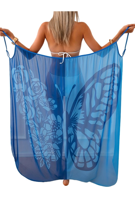 Women's Butterfly Floral Mesh Beach Cover Up Wrap Skirt Multi Wear Sarong Pareo Swim Cover Dress for Vacation Pool ,Measuring 138cm in full length