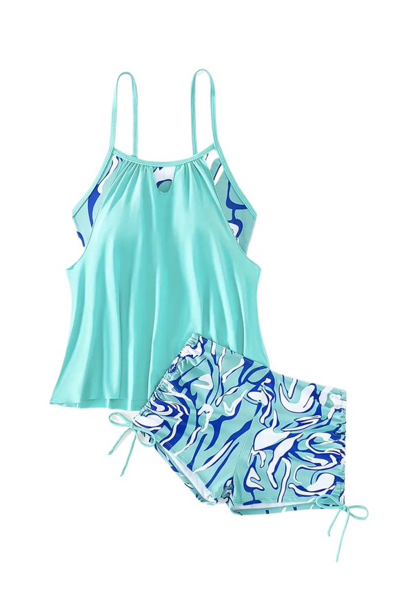 Women's Mint Green Keyhole Halter Tankini Two Piece Swimsuit Abstract Wave Print Drawstring Boyshort Modest Tummy Control Bathing Suit