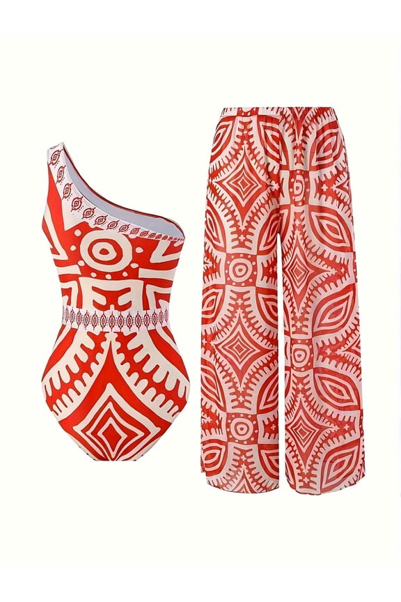 Women’s One Piece Swimsuit with Cover Up Set, One Shoulder Two Piece Bathing Suits with Wrap Skirt
