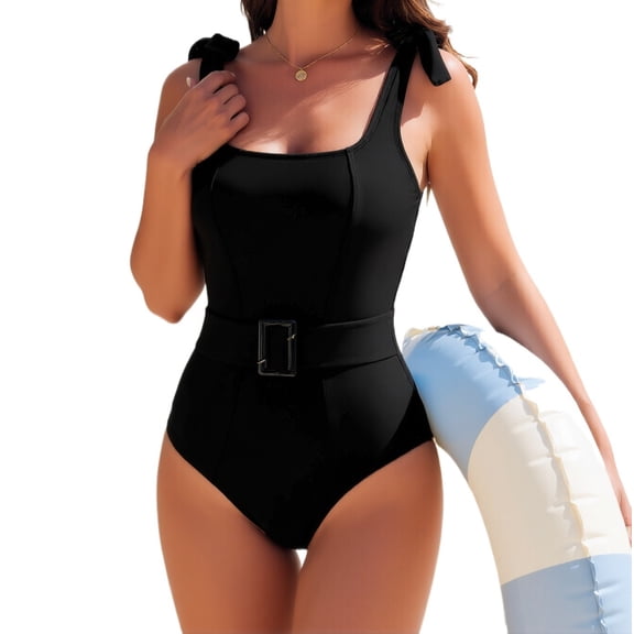 ANFUZAI Women's Solid Black Square Neck Belted Bow Strap One Piece Swimsuit, Tummy Control High Cut Slimming Bathing Suit for Beach Pool Cruise Vacation