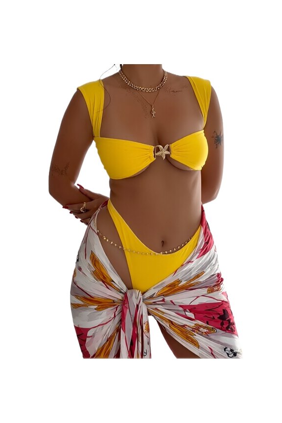 Women's Solid Yellow Cap Sleeve Bikini Set Gold Starfish Hardware Front Bow Back Tie High Cut Cheeky Bottoms Floral Wrap Sarong Cover Up 2 Piece Bathing Suit