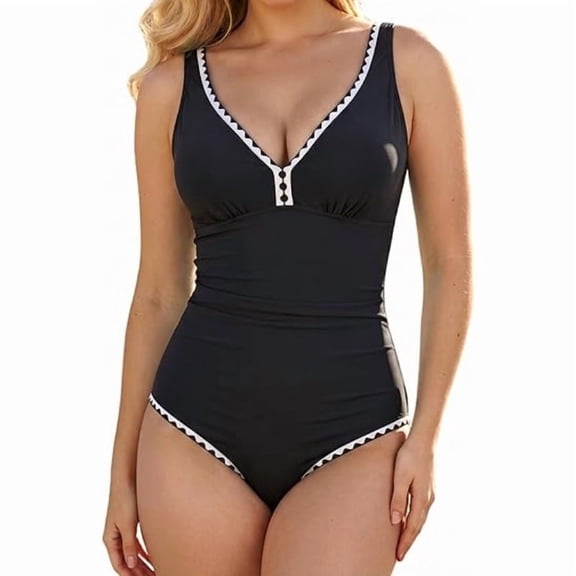 ANFUZAI Women's Tummy Control One Piece Swimsuit V Neck Scalloped Trim Black Bathing Suit