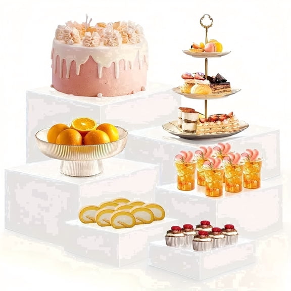 ANGAR 6 Pcs White Acrylic Nesting Buffet Risers, Display Stands (8",7.8",7",6.5",6",5") for Dessert, Jewelry, Cosmetics & Figurines