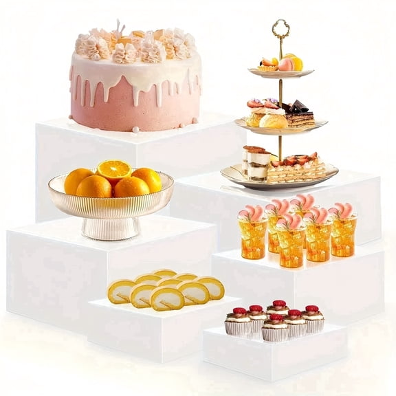 ANGAR 6-Piece White Acrylic Display Risers Stackable Square Stand for Dessert, Cupcake, Jewelry & Cosmetic Organizer