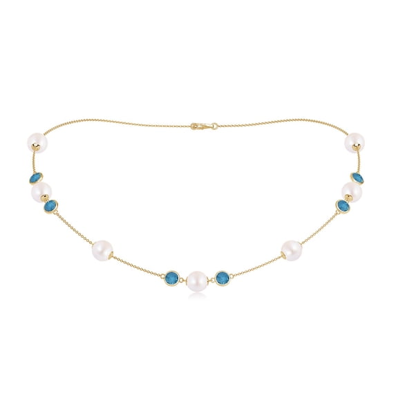 ANGARA 16" Japanese Akoya Cultured Pearl & London Blue Topaz Station Necklace in 14K Yellow Gold for Women | June Birthstone, Birthday, Anniversary, Jewelry Gift for Women | Pearl Necklace