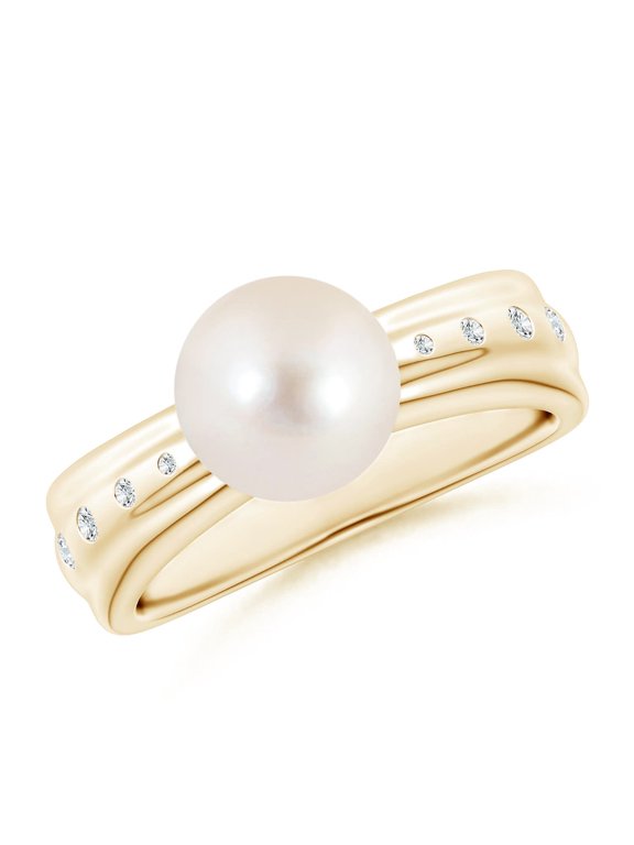 Freshwater Cultured Pearl Ring with Flush-Set Diamonds in 14K Yellow Gold for Women | June Birthstone, Birthday, Anniversary, Jewelry Gift for Women | Pearl Ring